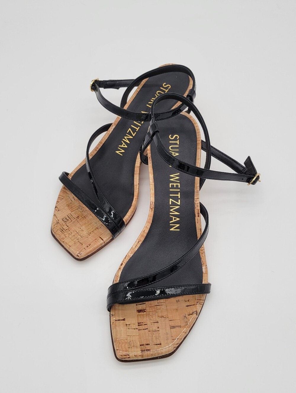 Stuart Weitzman Black Patent Cork-Strap Ankle Sandals